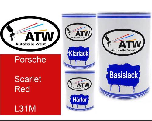 Porsche, Scarlet Red, L31M: 500ml Lackdose + 500ml Klarlack + 250ml Härter - Set, von ATW Autoteile West.